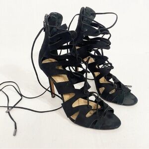 SCHUTZ Lace Up Cage Sandals Black Suede